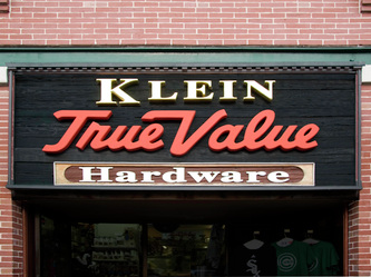 Image of the Facade sign for Klein True Value Hardware on Southport in Chicago, IL