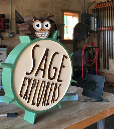 Sage Explorers Sign Lake Forest Wooden Sign Company #timjanda1 #woodensignco CNC Carved Blade Sign, Wood Signs Wisconsin